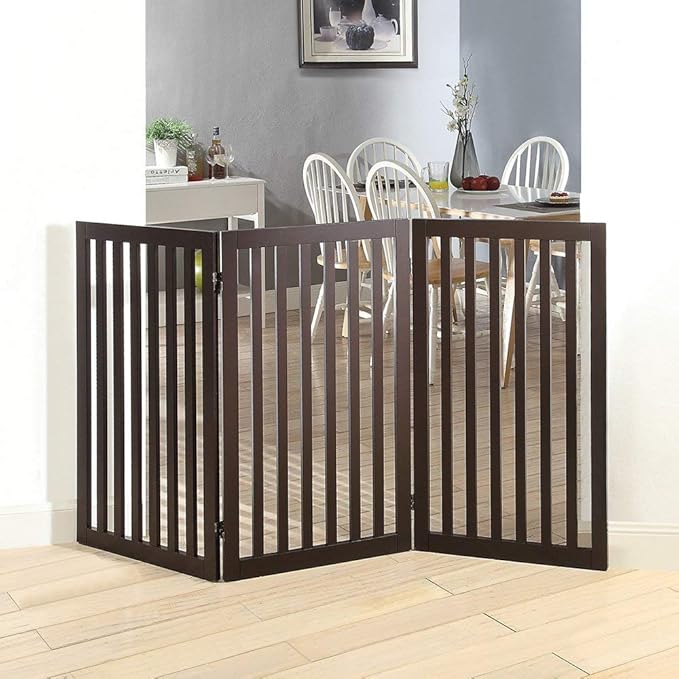 unipaws 36" H Free Standing Pet Gate for Dog Cat, Tall Wooden Dog Gates for Doorway, Stairs, Foldable Pet Fence for The House, Expandable Dog Barrier, Indoor Use, Espresso