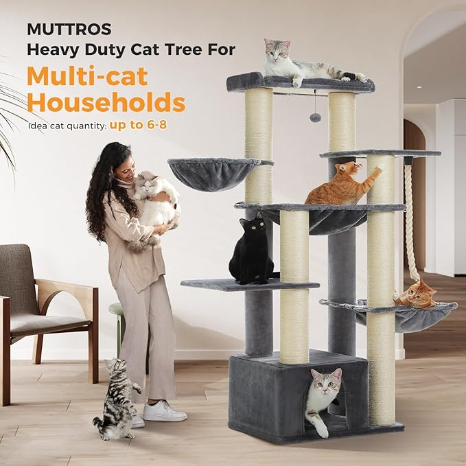 Heavy Duty Cat Tree for Maine Coon – 67" Tall Cat Tower with 7 Thick (φ4.3) Scratching Posts, XXL Cat Condo with Super Large Perch & Cozy Hammocks, Engineered for Big Cats (20+ lbs) - Gray