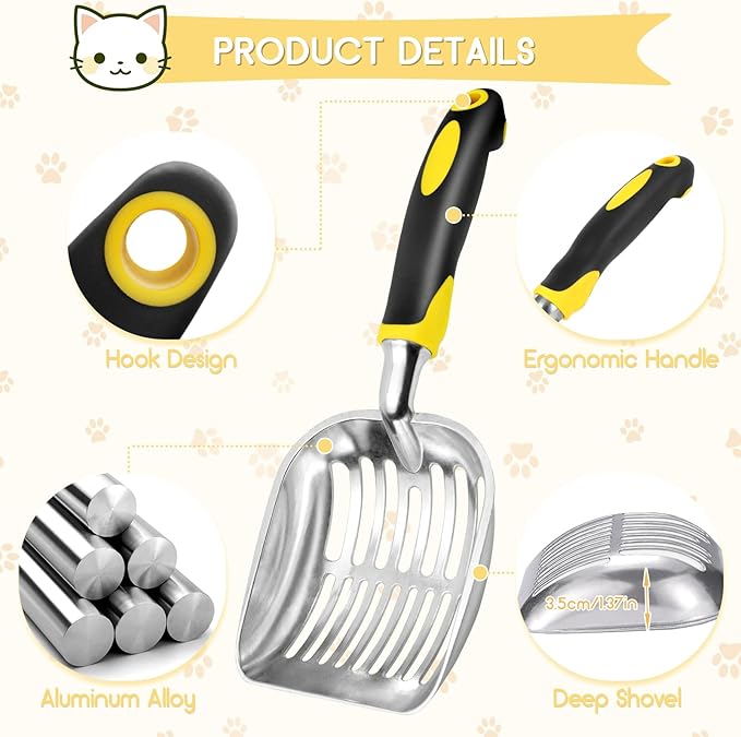 Cat Litter Scoop, Metal Cat Scooper, Rubber Handle Scoop, Sifting Shovel – Heavy Duty Aluminum Alloy Litter Box Scoop with Deep Mesh, Design for Easy Waste Removal and Cleaning(Yellow)