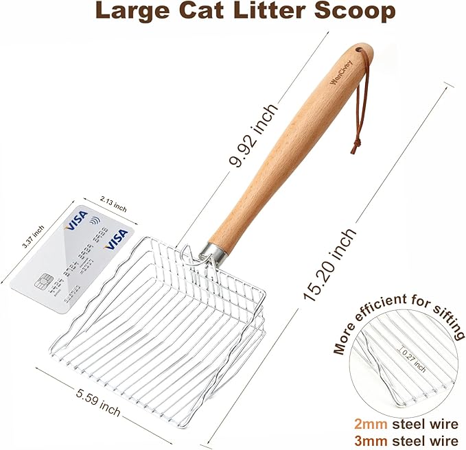 Premium Cat Litter Scoop with Ergonomic Beech Wood Handle - Stainless Steel Sifter with Hook & Hole for Easy Cleaning, Durable & Odor-Free (Steel Wire Long)