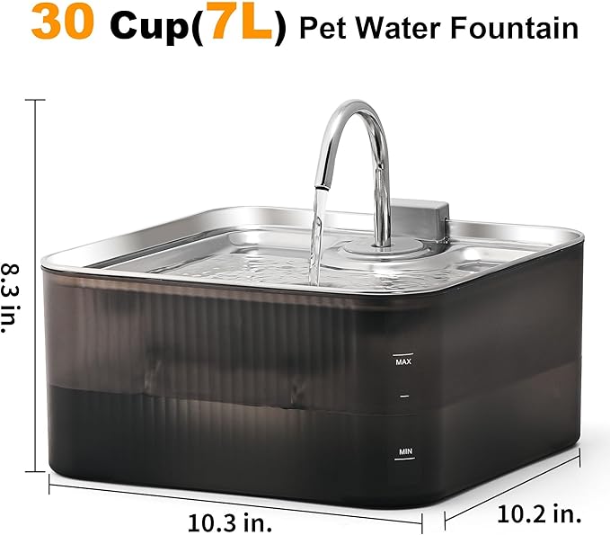 FUKUMARU Dog Water Fountain - 1.8 Gal/236oz/7L Ultra Quiet Pump (28.5dB) & 4-Stage Filter System Stainless Steel & ABS Kitty Water Fountains for Multi-Cat/Dog Homes, with 3 Filters