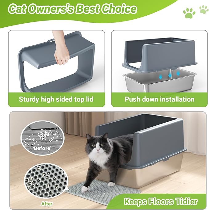 LIHONG Stainless Steel Cat Litter Box, XL Metal with Lid, Cat Litter Pan for Large Cats, Non-Sticky Large Kitty Litter Box, Anti-Leakage, 23.5" X 15.5" X 14" XXL