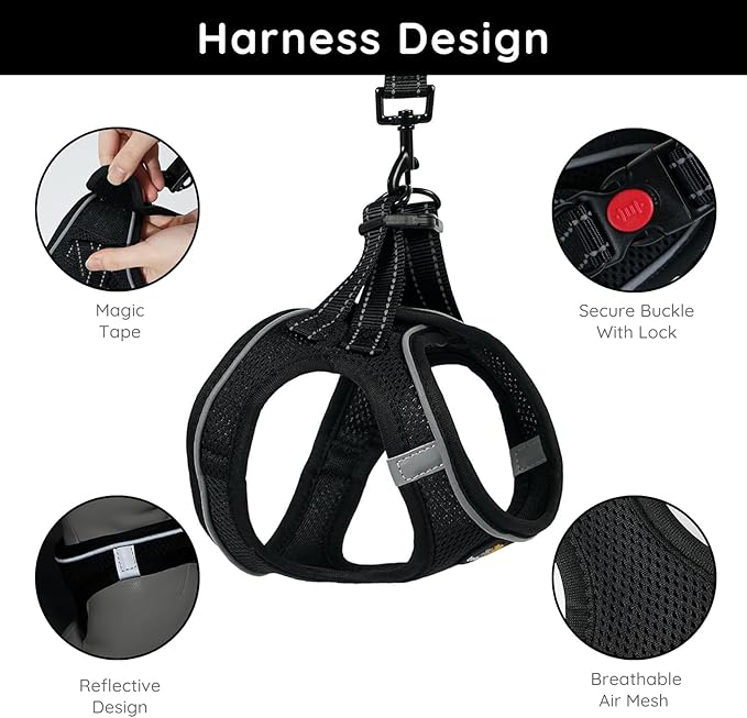 BELLA & PAL Step in Vest Harness for Small and Medium Dogs, No Pull Small Dog Harness with Leash Set, Comfortable Air Mesh Dog Vest Harness with Reflective Strip (Deep Black, XS)