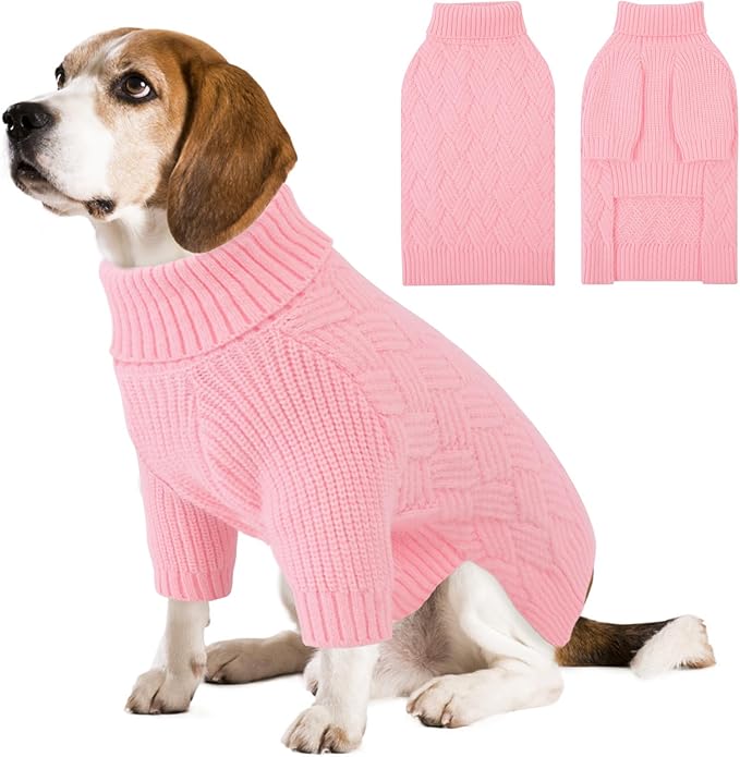 SUNFURA Dog Sweater, Christmas Sweaters for Large Dogs, Solid Color Dog Pullover for Fall Winter, Warm Sweatshirt Knit Turtleneck for Corgi, French Bulldog, Pink L