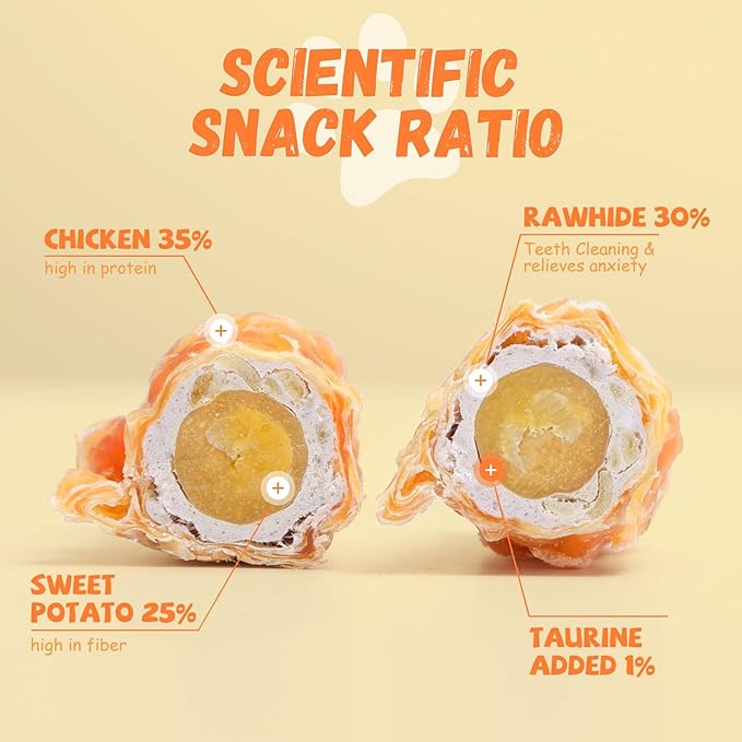 Dog Treats Large Breed, Chicken Wrapped Rawhide Sticks with Sweet Potato Sandwich, Rawhide Dog Chew Training Rewards Snacks for Small Medium Large Dogs, 6-7 Counts, 10.6oz