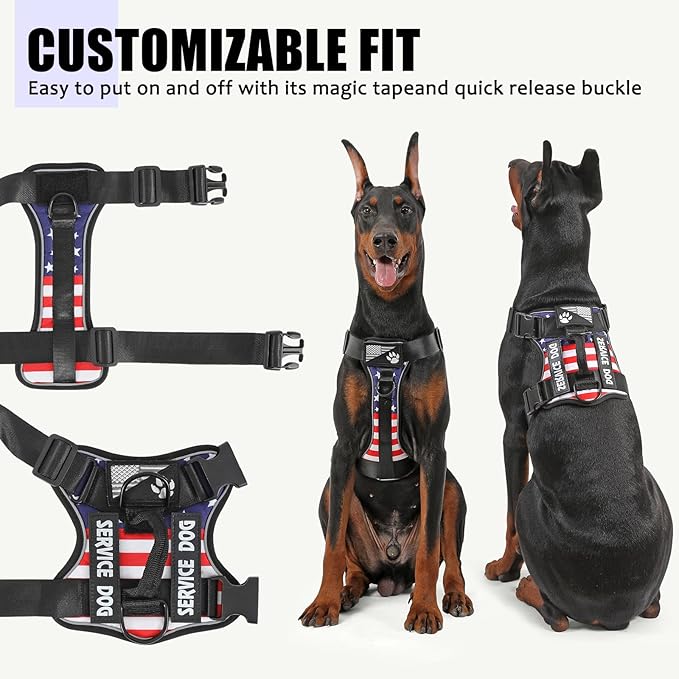 Demigreat Service Dog Harness, Reflective Dog Vest Harness with 5 PCS Patches, Adjustable Soft Oxford Pet Harness, Inner Layer Mesh, Easy to Control for Dogs (USFLAG, Large (Pack of 1))