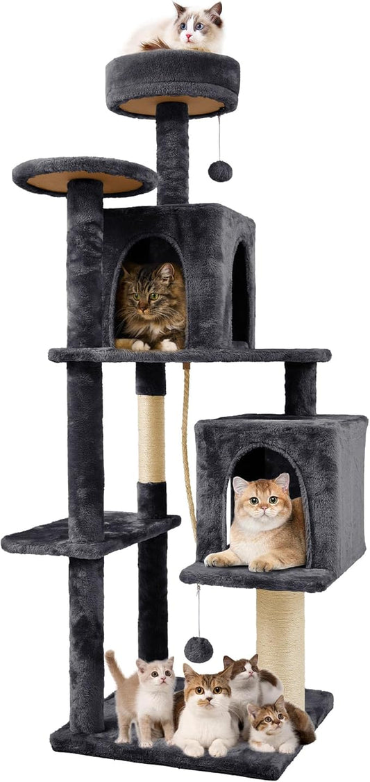 59in Large Cat Tree Tower for Indoor Cats with Soft Plush Hang Ball, Two Condos, Sisal Scratch Posts & Rope Play for Kittens/Adult Cats, New Dark Grey