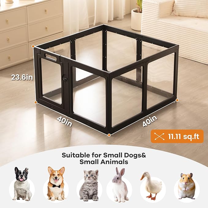 Clear Acrylic Dog Playpen Indoor, Puppy Cat Small Pet Play Pen, Pet Cat Foldable Playpen for Rabbits, Dog Fence Crate Kennel Whelping Cage (Black, 8 Panel)