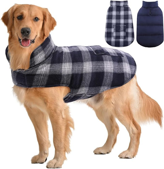 Kuoser Reversible Winter Coat, British Style Jacket for Medium and Large Dogs - Warm Windproof Puppy Cold Weather Clothes Vest, Blue L