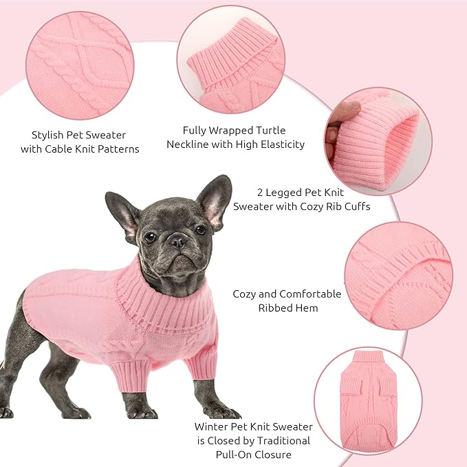 Queenmore Small Dog Pullover Sweater, Cold Weather Cable Knitwear, Classic Turtleneck Thick Warm Clothes for Chihuahua, Bulldog, Dachshund, Pug, Yorkie (Pink, Small)