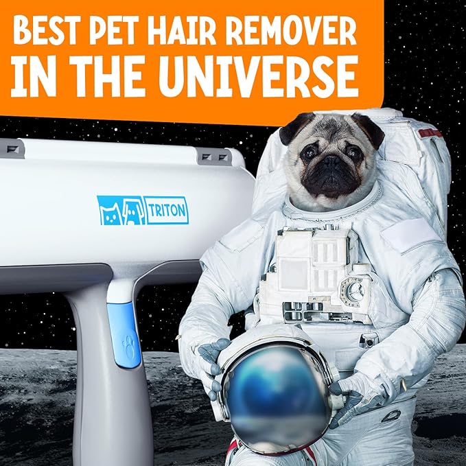 Triton Pet Hair Remover w/Fur Trapping Compartment - Easy to Use Pet Hair Removal Tool - Detachable Handle Cat & Dog Hair Remover for Car, Furniture, Clothes, Couch - Reusable Lint Roller (Gray/White)