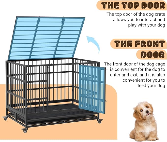 42 in Heavy Duty Dog Crate, Foldable Indoor Dog Cage with Double Door, 360° Lockable Wheels and Removable Tray, Easy to Clean and Assembly，for Small Medium Large Dogs