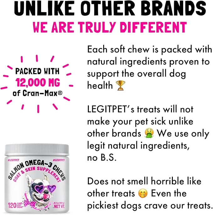 Omega 3 Alaskan Salmon Oil Treats for Dogs 120 Fish Oil Chew Supplement Skin and Coat Allergy and Itch Relief Hip & Joint Health Brain Shedding Hot Spots Treatment Omega 3 6 9 EPA & DHA Fatty Acids