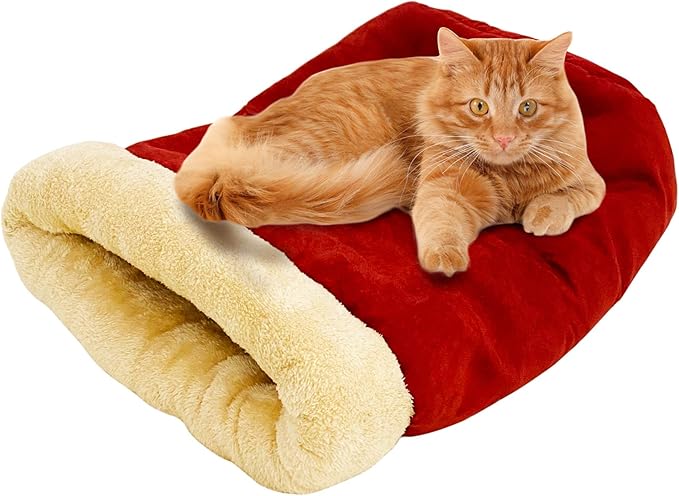 4 in 1 Self Warming Burrow Cat Bed, Pet Hideway Sleeping Cuddle Cave (Burgundy)