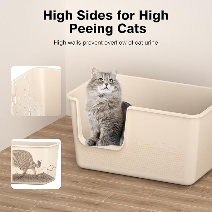 Extra Large High Sided Cat Litter Box - 24.8" L x 11.4" W x 13.0" H, XL Jumbo Kitty Litter Box for Big Indoor Cats, Tool-Free Assembly (Beige)