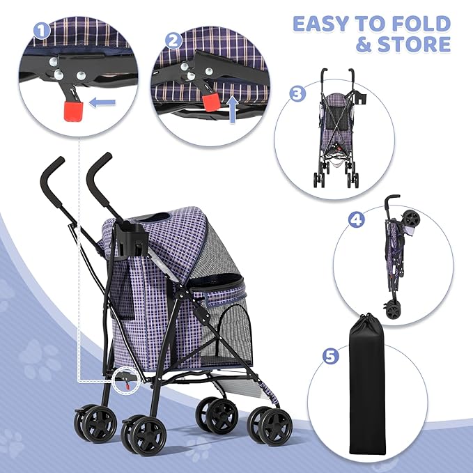 Magshion Compact Pet Stroller for Small-Medium Dogs/Cats up to 22lbs, 4-Wheel Lightweight Umbrella Shaped Portable Puppy Travel Jogger with Breathable Mesh, Cup Holder & Rear Storage, Plaid