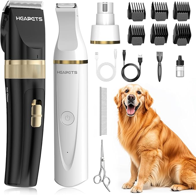 Dog Hair Clippers for Grooming Kit and Dog Paw Trimmer Nail Grinder for Grooming, Low Noise Rechargeable Cordless, Shaver Grooming Supplies for Pet Cats Dogs (Black, White)