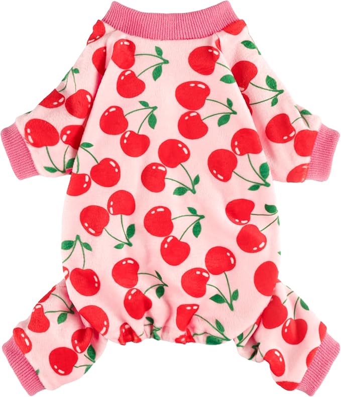 Fitwarm Cute Cherry Dog Pajamas, Warm Dog Onesie with Feet, Dog Clothes for Small Dogs Girl, Fleece Pet Outfit, Pink, Red, XL