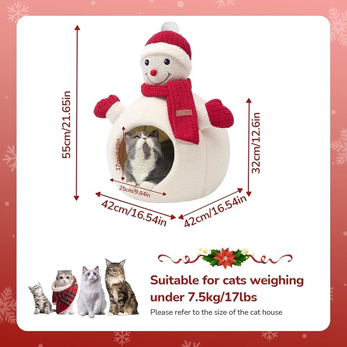 CATISM Christmas Cat Bed - Christmas Snowman Cat Bed for Indoor Cats, Cute Snowman Cat Beds with Warm Cushions Removable Cave with Non-Slip Cushioned Bottom for The Holidays