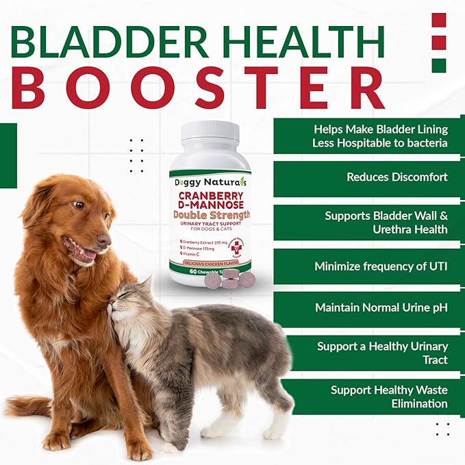 Cranberry D-Mannose for Dogs and Cats Urinary Tract Infection Support Prevents and Eliminates UTI, Bladder Infection Kidney Support, Antioxidant (Double Strength Tablet, 60 Count)