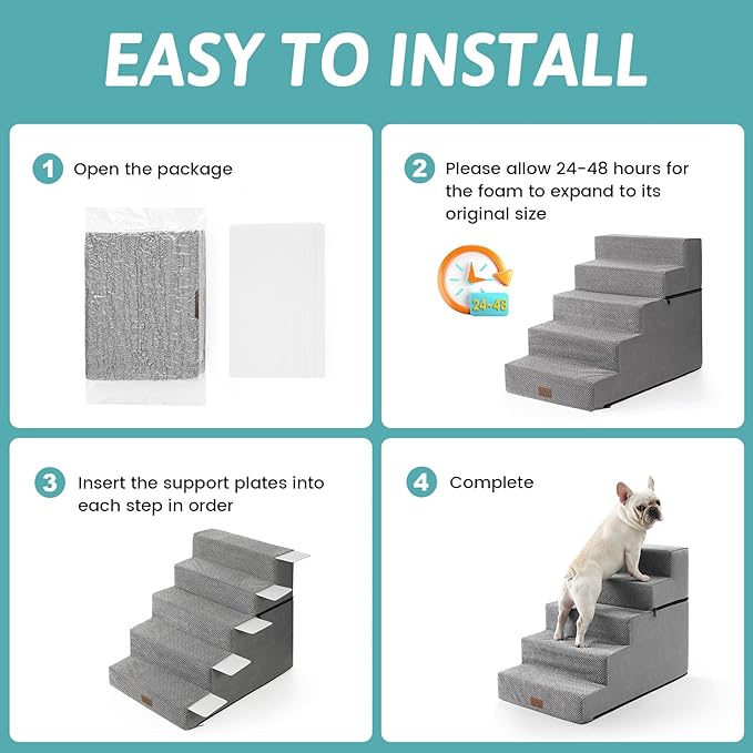 CCOZY KISS Dog Stairs for Small Dogs, 5 Tier Removable Wider Pet Stairs for Couch and Bed, 23.6" H Non-Slip Dog Steps for Puppies and Old Cats with Support Board, 19.7x29.5x23.6 inch, Grey