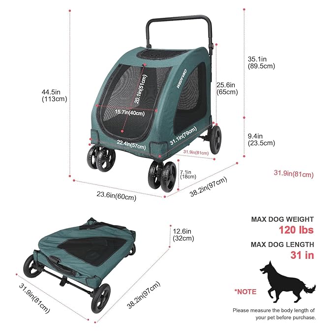 Dog Stroller with 4 Wheels, Folding Cat Strolling for 2 Small/Medium/Large Dogs & Cats to 120 lbs, All-Terrain Breathable Mesh Lightweight Travel Carrier for Jogger Outdoor Use (Dark Green)