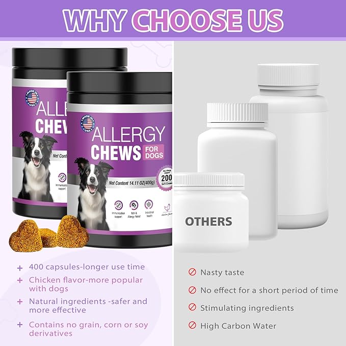 Dog Allergy Chews 400PCs,Dog Allergy and Itching Skin Relief Anti Itch Aller Immune Bites for Dogs Itching Licking Paws Treatment Relief Itchy Aller Probiotics Vitamins for Skin and Coat Allergies