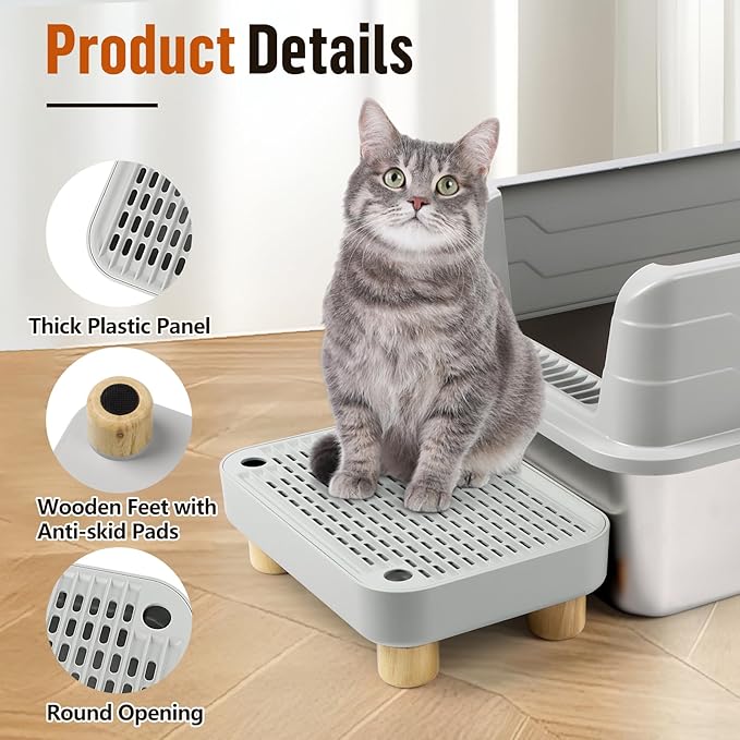 Cat Litter Box Step Ramp, Cat Litter Catcher Mat with Wooden Feet, Filter Function, Pedal Stool for Self-Cleaning Litter Box, Ideal for Kitten & Elderly Cats(Light Grey)