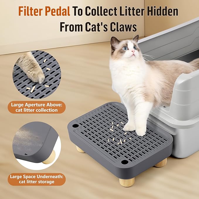 Cat Litter Box Step Ramp, Cat Litter Catcher Mat with Wooden Feet, Filter Function, Pedal Stool for Self-Cleaning Litter Box, Ideal for Kitten & Elderly Cats (Dark Grey)