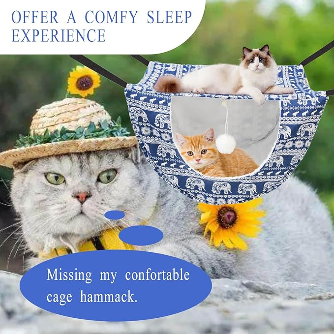 JSPYFITS Cat Cage Hammock with Ball,Double Layer Hanging Adjustable Soft Pet Bed Suit for Kitten Ferret Puppy Rabbit or Small Pet, 2 Level Indoor Bed for All Season(Blue Elephant)