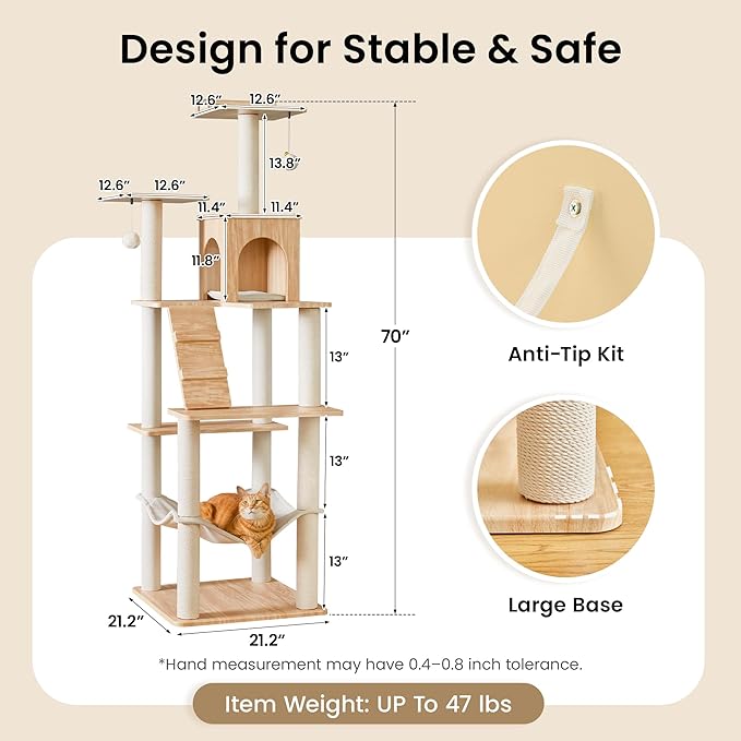 Large Modern Cat Tree - 70 inch Tall Cat Tower for Indoor Cats, Multi-Level Cat Condo with 7 Fully Wrapped Scratching Posts,2 Spacious Perches, Hammock, Cozy Pad & Dangling Balls-Light Brown