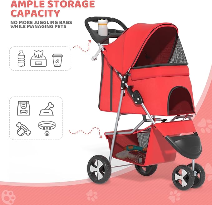 Magshion 3-Wheel Pet Stroller, Foldable Travel Jogger for Small & Medium Dogs & Cats (Up to 33lbs), Lightweight Carrier with Breathable Mesh Cover, Cup Holder & Storage Basket, Red