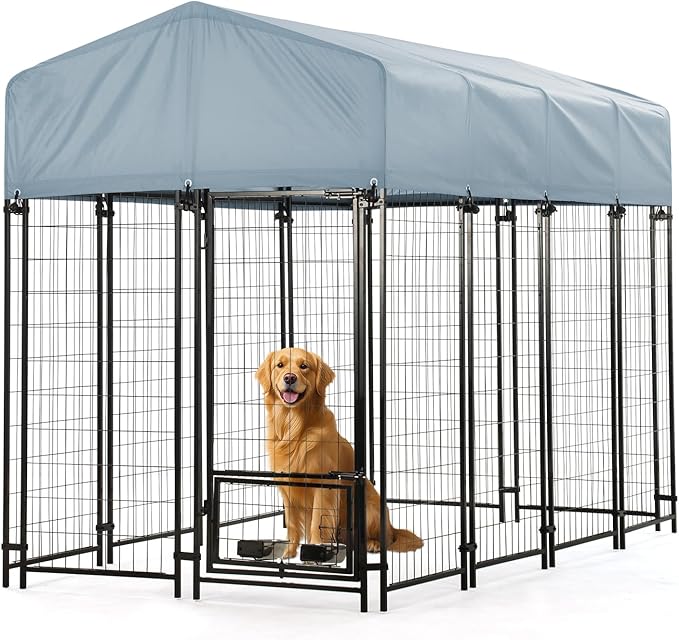 Dog Kennel Outside with Roof, 8'x4'x6' Outdoor Dog Kennels for Large Dogs, Heavty Duty Welded Dog Crate Playpen with UV-Resistant Waterproof Cover & Bowls