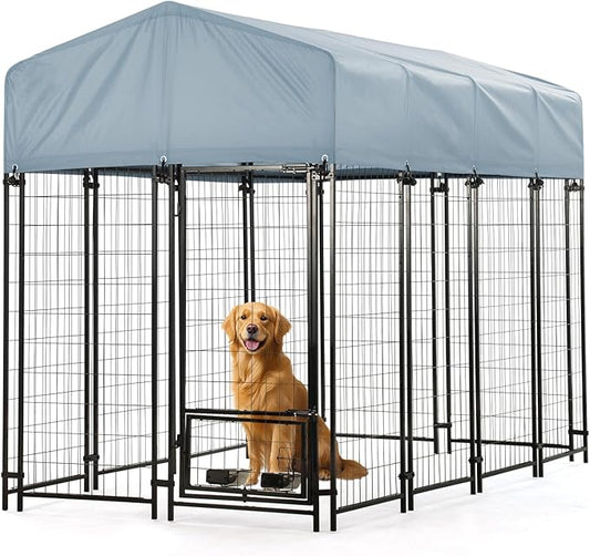 Dog Kennel Outside with Roof, 8'x4'x6' Outdoor Dog Kennels for Large Dogs, Heavty Duty Welded Dog Crate Playpen with UV-Resistant Waterproof Cover & Bowls
