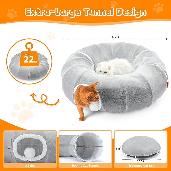 Cat Tunnel Bed 35.5 Inch XL Cat Donut Tunnels for Indoor Cats Cute Tubes Round Pet Play Tunnel Toy for Kitten Puppy Rabbit with Washable Circle Cushion Grey