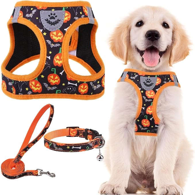 PUPTECK Adjustable Dog Harness Collar and Leash Set Step in No Pull Pet Harness for Small Medium Dogs Puppy and Cats Outdoor Walking Running, Soft Mesh Padded Reflective Vest Harnesses, Halloween, L