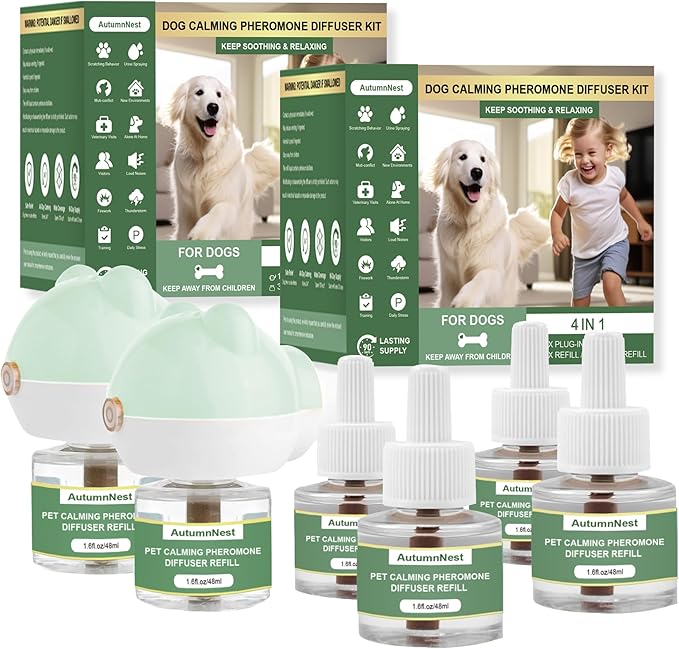 Dog Calming Diffuser Kit, Pet Pheromone Plug-in Set (2 Diffusers + 6 Refill 48ml) for Anxiety Relief, Reduces Barking, Aggression, Destructive Behavior, Fireworks Fear, 180 Days (Safe Formula)