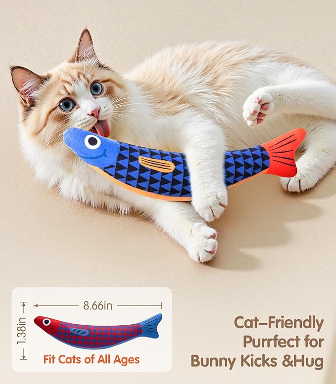 Interactive Cat Toys with[5000mg Premium A+Catnip][Baby Grade] Soft Chew Kicker Cat Toys for Indoor Cats & Kittens, Crinkle &Rattle Fish Sound Toy, Drives Bored Cats Crazy with Fun,2 Pack