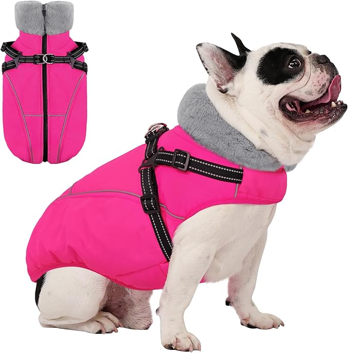 AOFITEE Small Dog Coat, XS Dog Jacket Winter with Harness Built in, Warm Fleece Puppy Coat, Waterproof Pet Puffer Jacket Snowsuit with Zipper, Reflective Dogs Cold Weather Coats Sweater, Pink XS