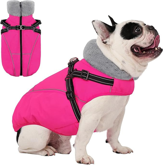 AOFITEE Small Dog Coat, XS Dog Jacket Winter with Harness Built in, Warm Fleece Puppy Coat, Waterproof Pet Puffer Jacket Snowsuit with Zipper, Reflective Dogs Cold Weather Coats Sweater, Pink XS