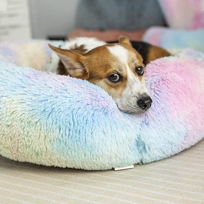 Anti Anxiety Round Fluffy Plush Faux Fur Warm Washable Dog Bed & Cat Bed, Original Bed for Small Medium Large Pets,Used to Relieve Joints and Improve Sleep（20"/24"/27''） (27", Rainbow)