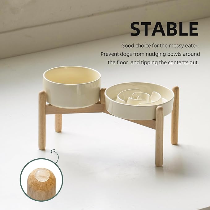 Ceramic Raised Slow Feeder Dog Bowl Set, Elevated 6.1inch Bowl and 7.3inch Puzzle Slow Food Dish with Wooden Stand for Small and Medium Dog, Anti-Gulping (2X Beige+ Stand)