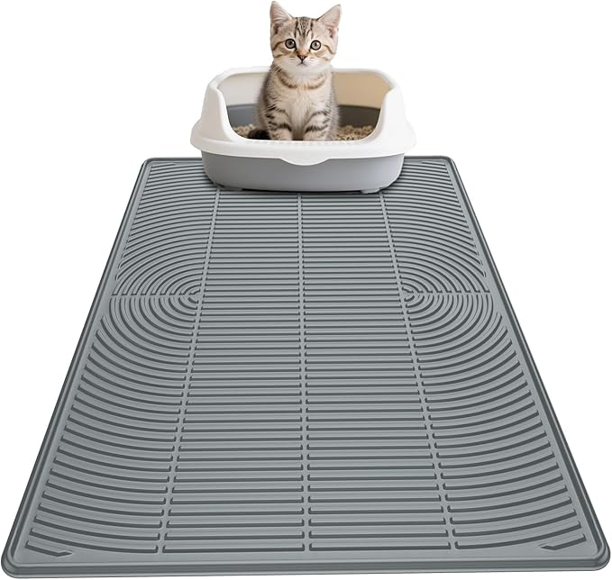AMOK Cat Litter Mat, Extra Large Silicone Litter Box Mat 40" x 28", Waterproof Litter Trapping Mat for Cats, Durable and Easy to Clean, Grey