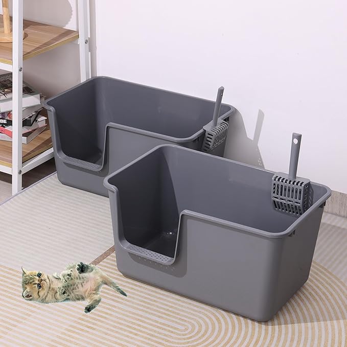 Extra Large Kitty Litter Box with High Sides, Gray Plastic Open Top Cat Litter Box with Scoop, 2 Packs