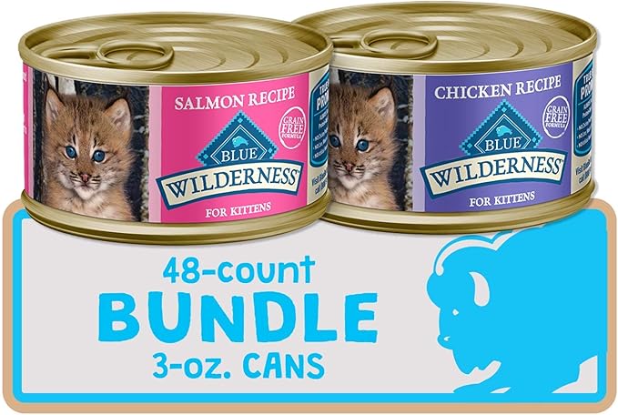 Blue Buffalo Wilderness High Protein Grain Free, Natural Kitten Pate Wet Cat Food, Chicken & Salmon 3-oz cans (48 Count - 24 of Each Flavor)
