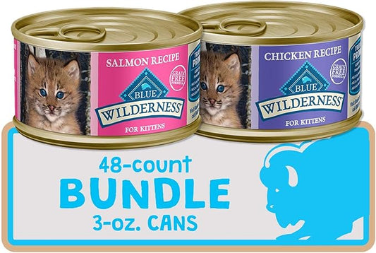 Blue Buffalo Wilderness High Protein Grain Free, Natural Kitten Pate Wet Cat Food, Chicken & Salmon 3-oz cans (48 Count - 24 of Each Flavor)