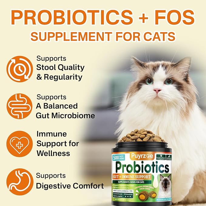 Cat Probiotics & FOS Chews - Digestive + Gut Support, 500 Crunchy & Creamy Chews, Constipation Relief + Nutrient Absorption + Immune, Daily Probiotics Chews for Cats Kittens (Chicken Shrimp)