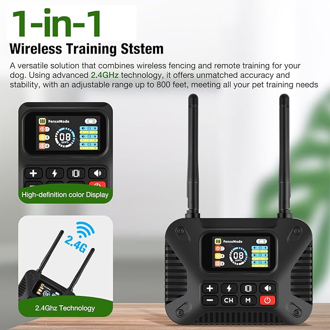 Wireless Dog Fence 2.4GHz Electric Fence for Dogs Wireless Fence for Dogs Portable Electric Dog Fence with Waterproof and Rechargeable Dog Training Collar (1 Controller & 1Collar)