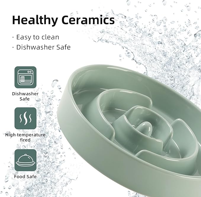 Ceramic Raised Slow Feeder Dog Bowl Set, Elevated 8.2inch Bowl and 9.5inch Puzzle Slow Food Dish with Wooden Stand for Large Dog, Anti-Gulping (2X Light Green+ Stand)