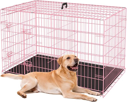 BestPet | Dog Crate | 36" | Pink | Foldable Metal Kennel with Double Doors, Secure Slide-Bolt Latches, Leakproof Tray | Portable Dog Cage for Medium Sized Breeds | for Travel, Indoor & Outdoor Use